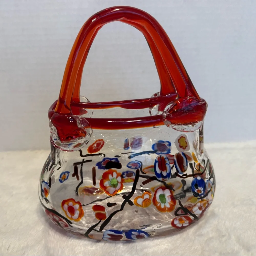 Hand blown Murano style glass purse/bowl with Millefiori design